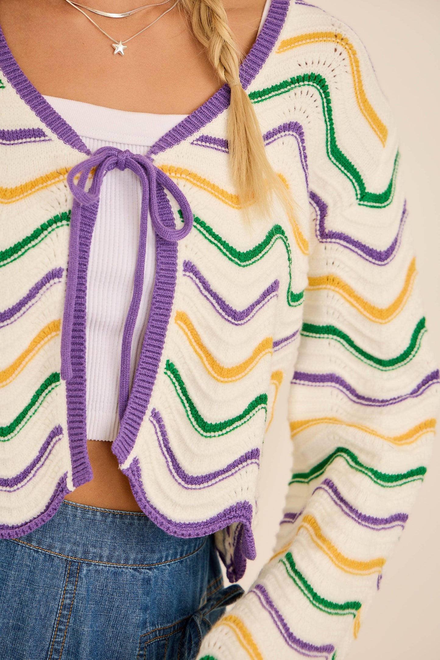 IRIS- Mardi Gras Wave Stripe Tie Cardigan – Festive Knit