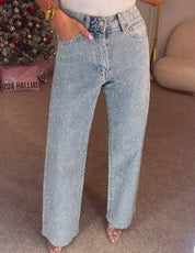 Shiny Rhinestone Wide-Leg Jeans