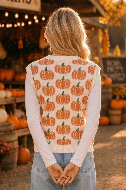 All Over Pumpkin Knit Vest – Thanksgiving Fall Layering Top