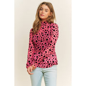 MESH HEART FLOCKING HIGH NECK DESIGN LONG SLEEVE FITTED TOP