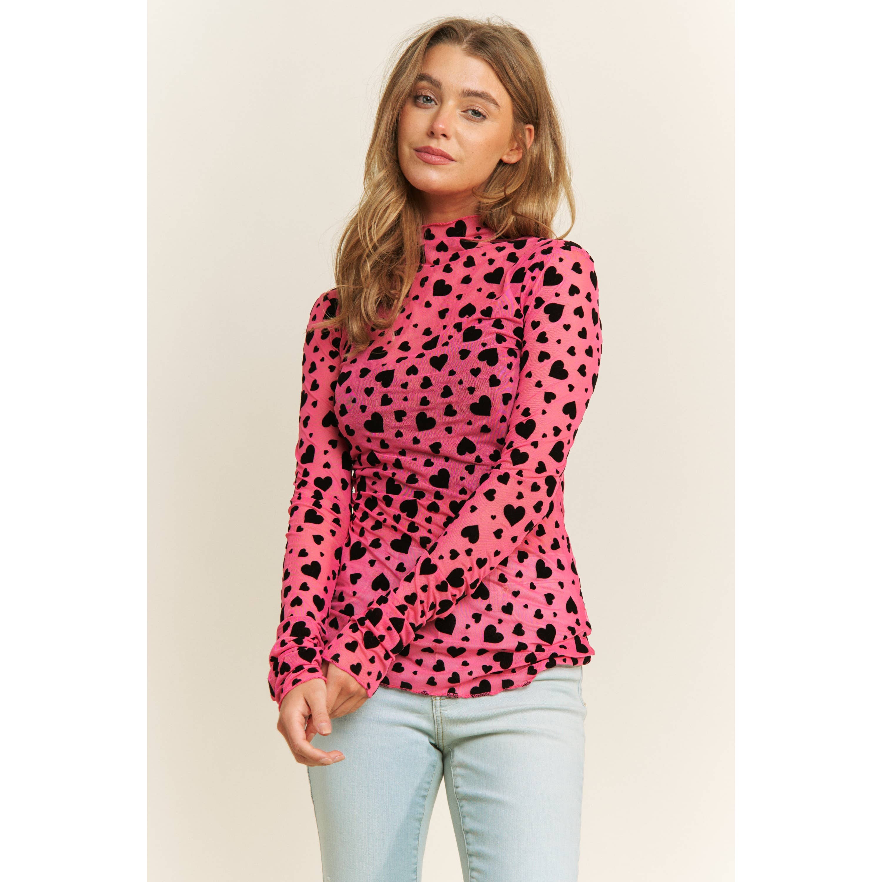 MESH HEART FLOCKING HIGH NECK DESIGN LONG SLEEVE FITTED TOP