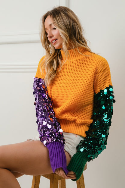 MARDI GRAS SPANGLED SLEEVE COLOR BLOCK SWEATER