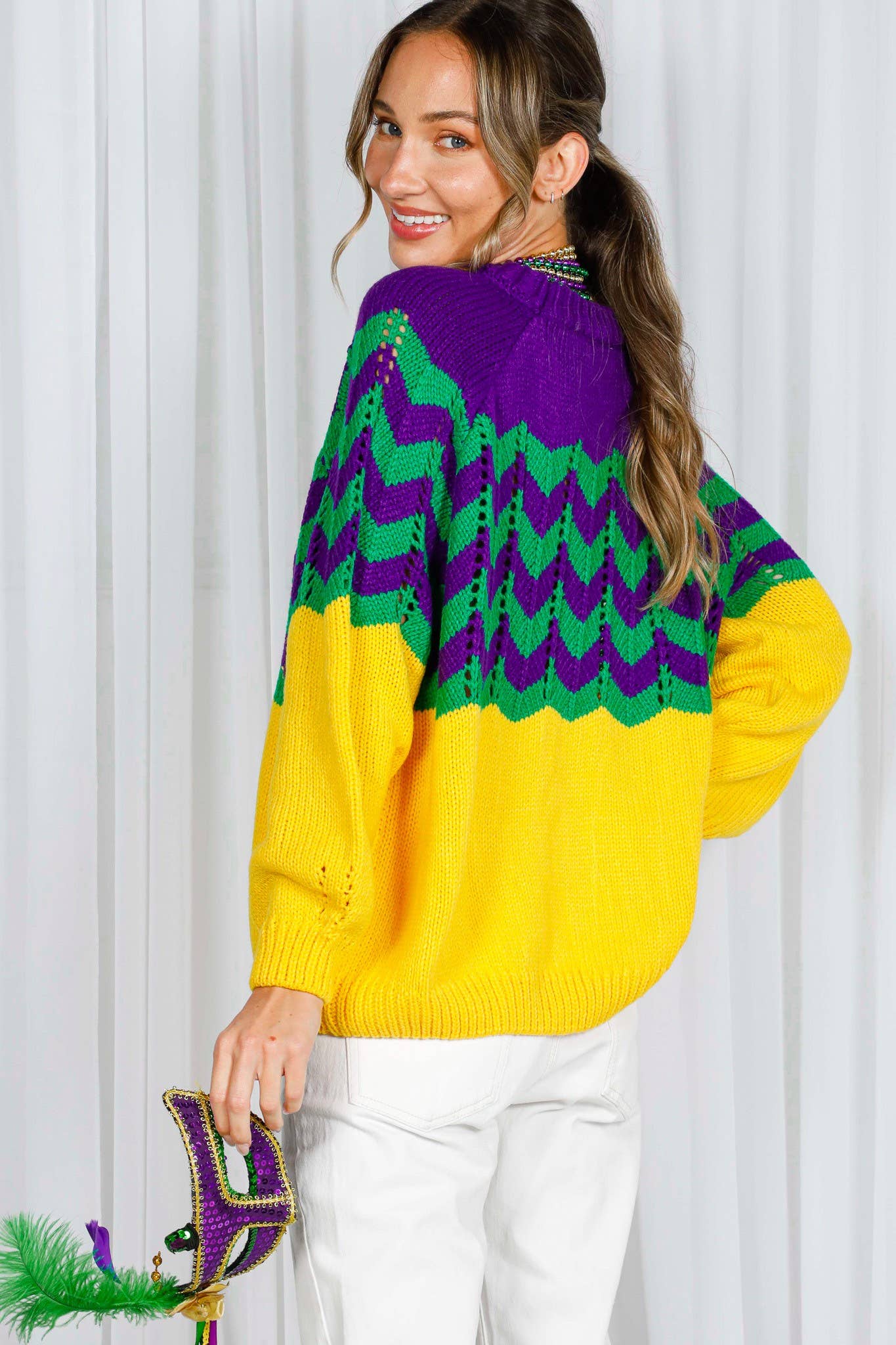Holiday- Fair Isle Accent Mardi Gras Knitted Sweater
