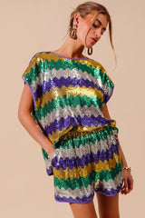 MARDI GRAS WAVY SEQUINS DOLMAN TOP