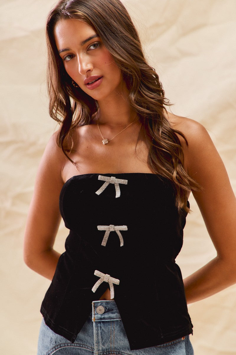 Chrissi- Holiday Velvet Tube Top With Rhinestone Bows