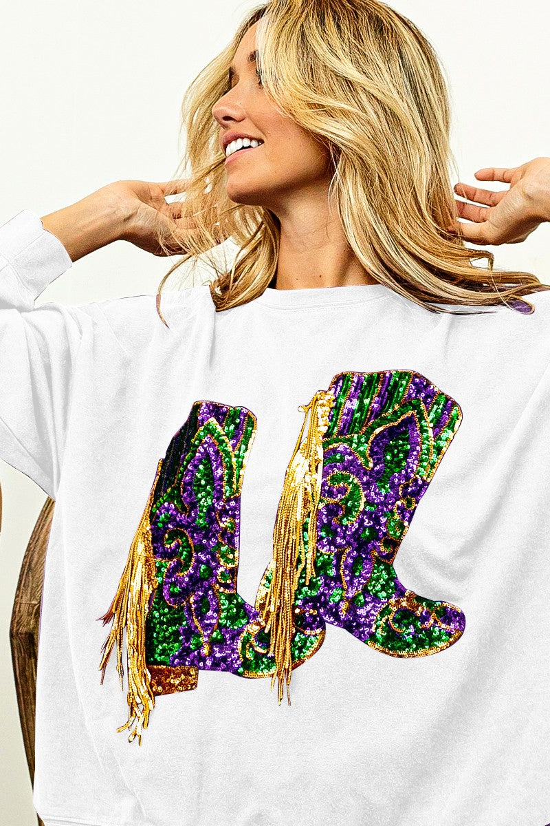 FRINGED MARDI GRAS BOOTS PULLOVER- OFF WHITE