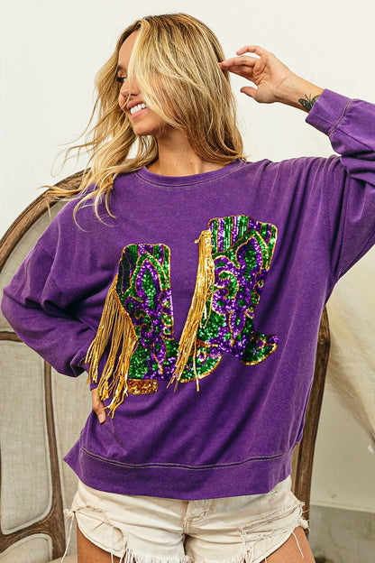 FRINGED MARDI GRAS BOOTS PULLOVER- Purple