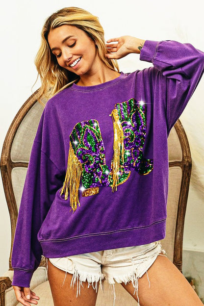 FRINGED MARDI GRAS BOOTS PULLOVER- Purple