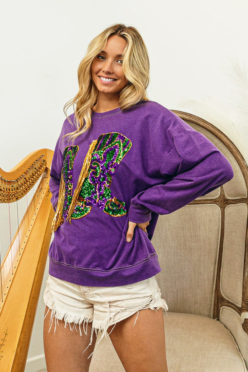 FRINGED MARDI GRAS BOOTS PULLOVER- Purple