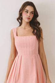 Square Neck Wide Straps Pleated Mini Dress