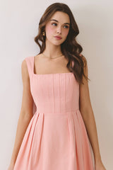 Square Neck Wide Straps Pleated Mini Dress