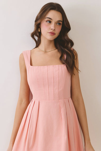 Square Neck Wide Straps Pleated Mini Dress