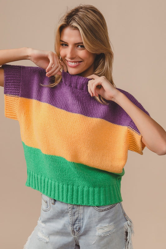 MARDI GRAS COLOR BLOCK DROP SHOULDER SWEATER TOP