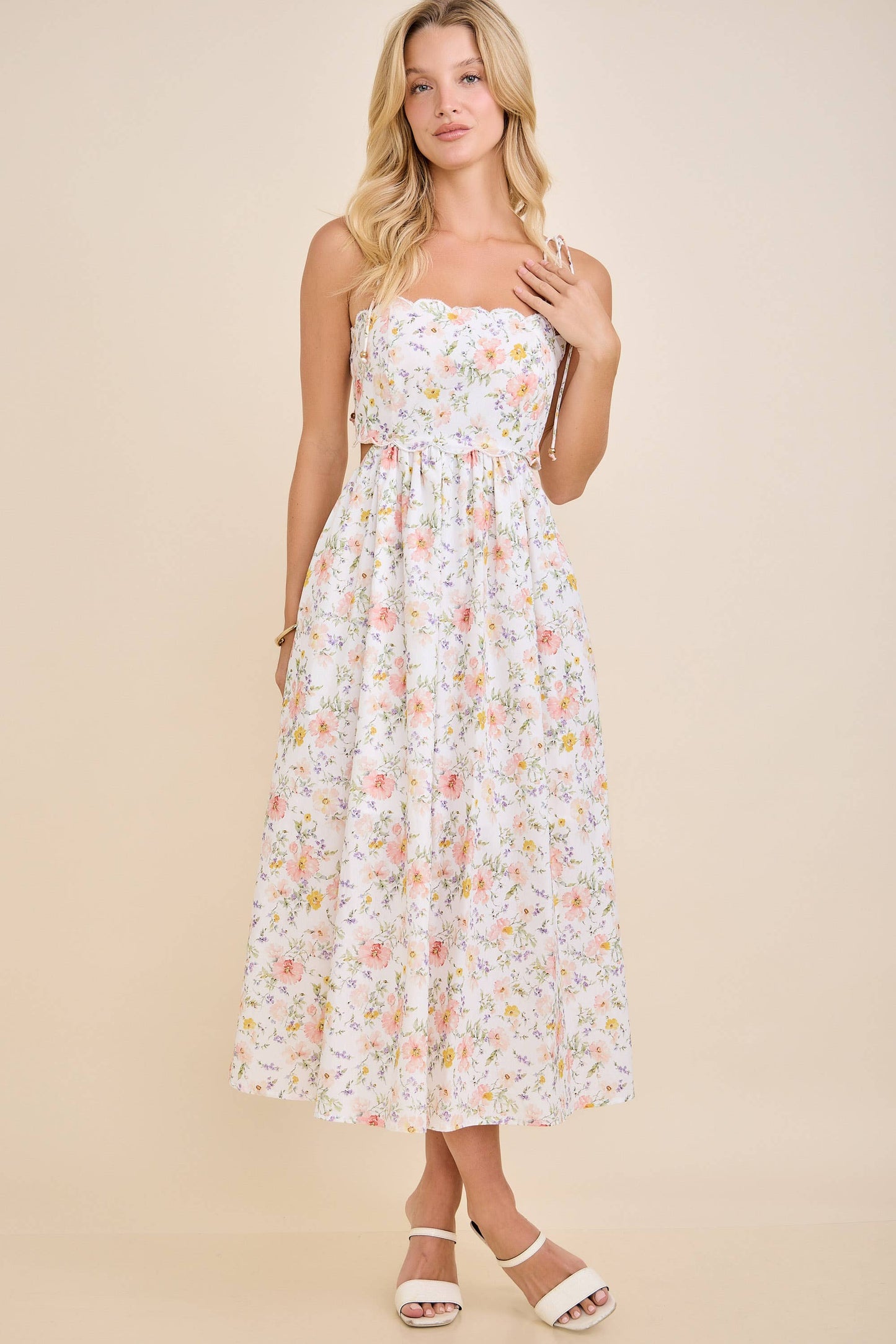 So Spring!- Scallop Edge  Floral Midi Dress