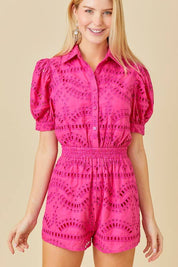Love In Bloom- Eyelet Lace Puff Sleeve Romper