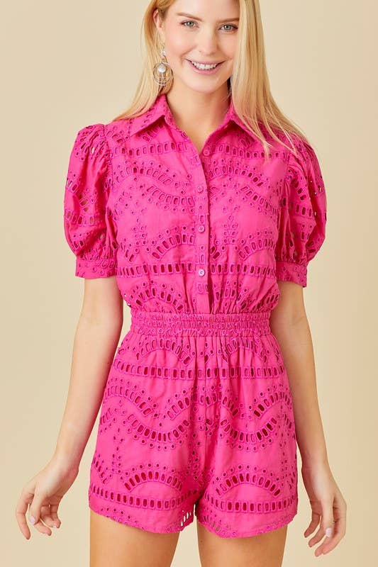 Love In Bloom- Eyelet Lace Puff Sleeve Romper