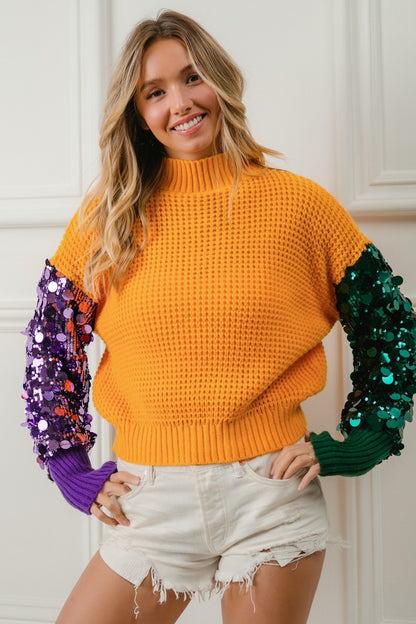 MARDI GRAS SPANGLED SLEEVE COLOR BLOCK SWEATER