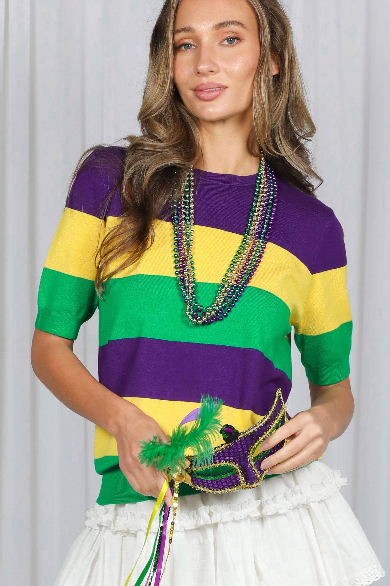 On the Route - Mardi Gras Crew Neck Color Block Top