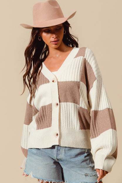 Monica- Checkered Button Front Textured Sweater Cardigan