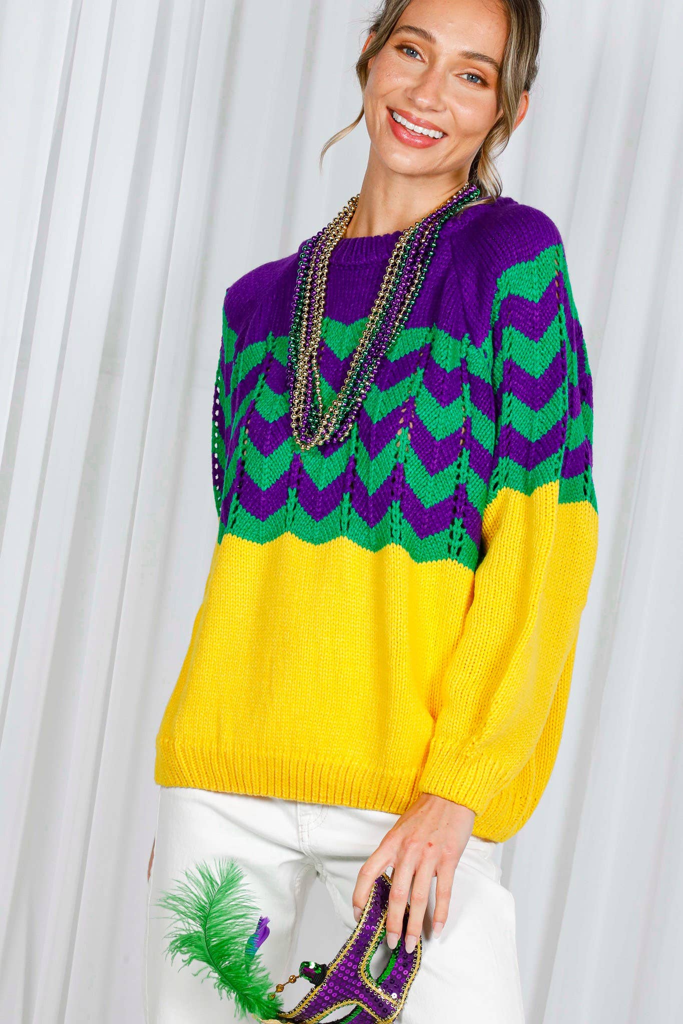 Holiday- Fair Isle Accent Mardi Gras Knitted Sweater