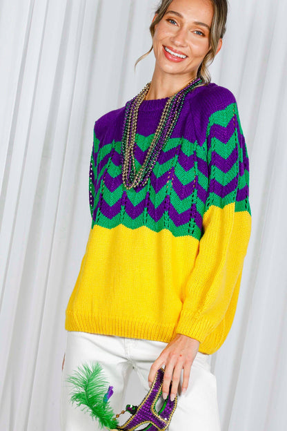 Holiday- Fair Isle Accent Mardi Gras Knitted Sweater