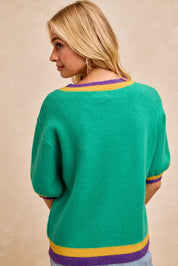 Mardi Gras Sequin Ribbon Patched Sweater Top
