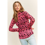 MESH HEART FLOCKING HIGH NECK DESIGN LONG SLEEVE FITTED TOP
