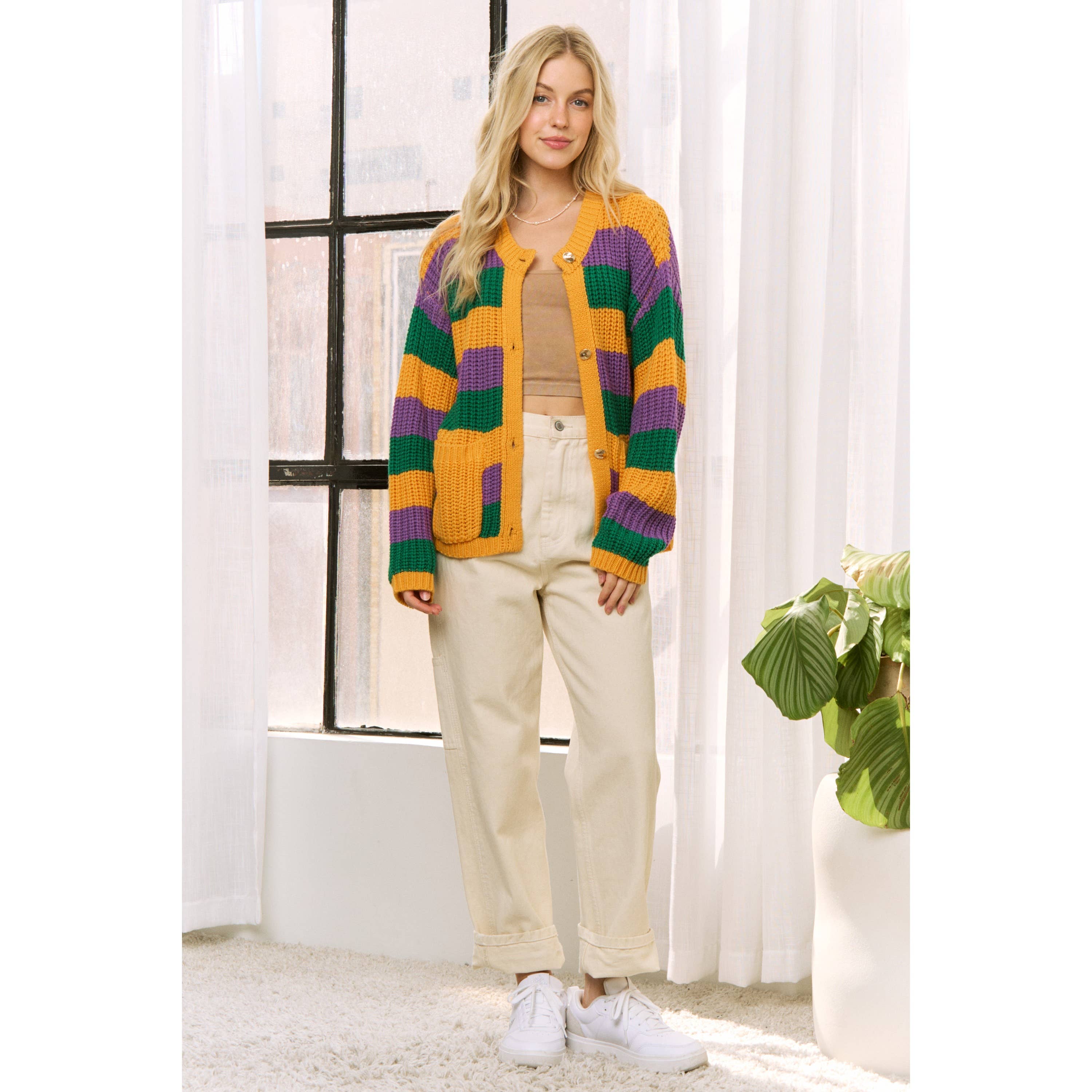 Krewe of Chaos- MARDI GRAS STRIPED CARDIGAN