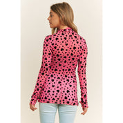 MESH HEART FLOCKING HIGH NECK DESIGN LONG SLEEVE FITTED TOP