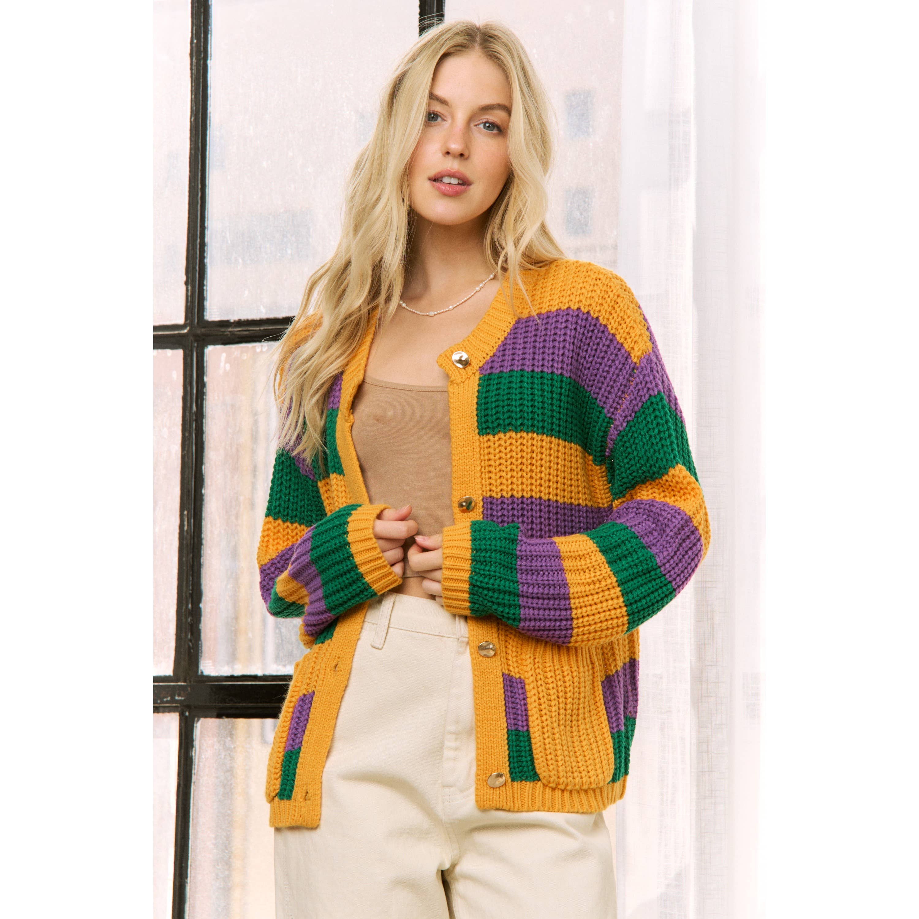 Krewe of Chaos- MARDI GRAS STRIPED CARDIGAN