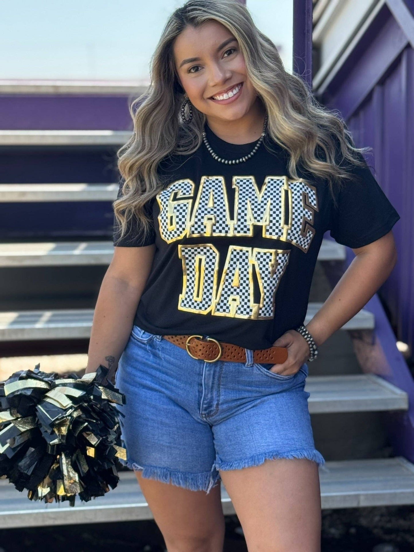 Checkered Game Day with Metallic Puff Tee