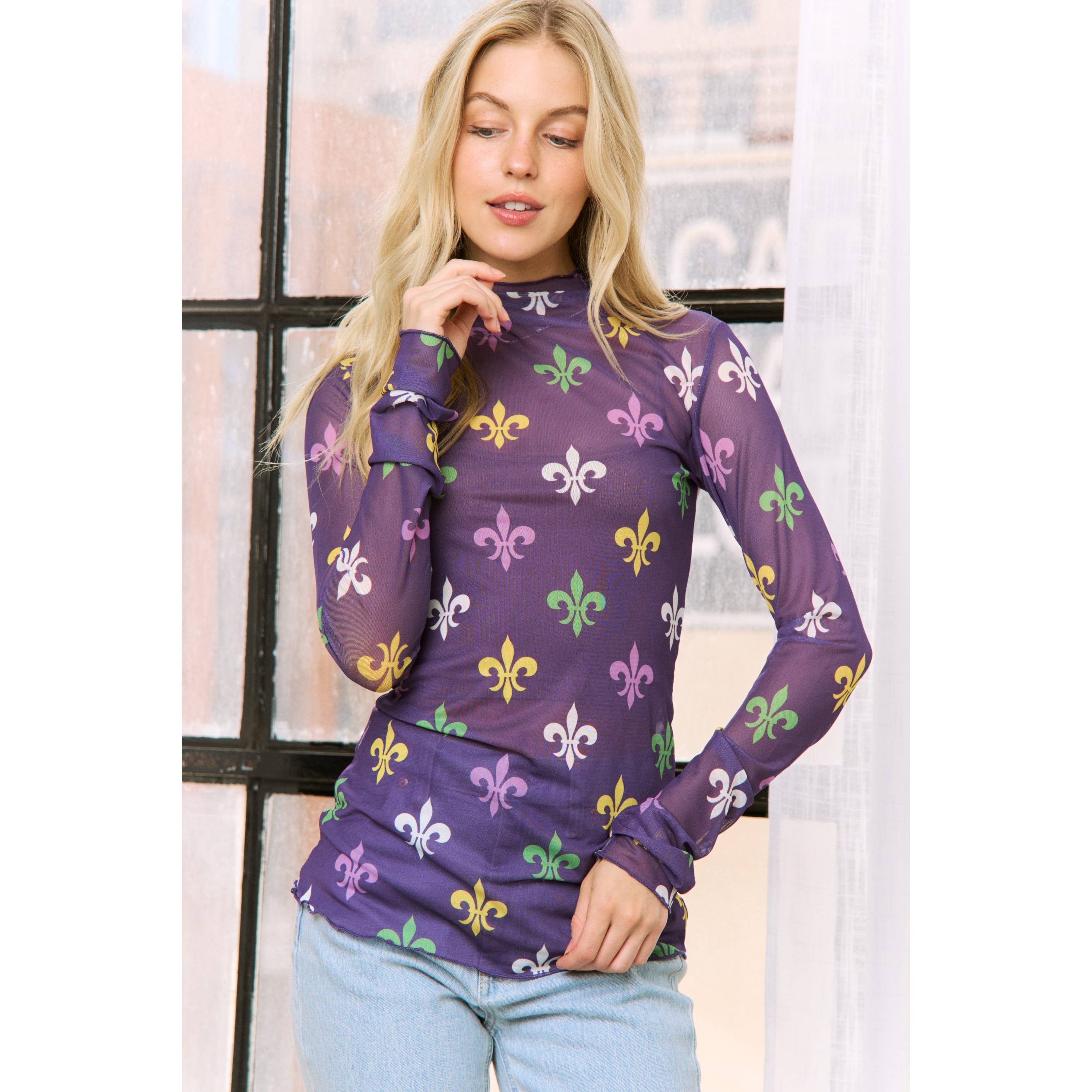 Mardi Gras Fleur De Lis Mesh Top