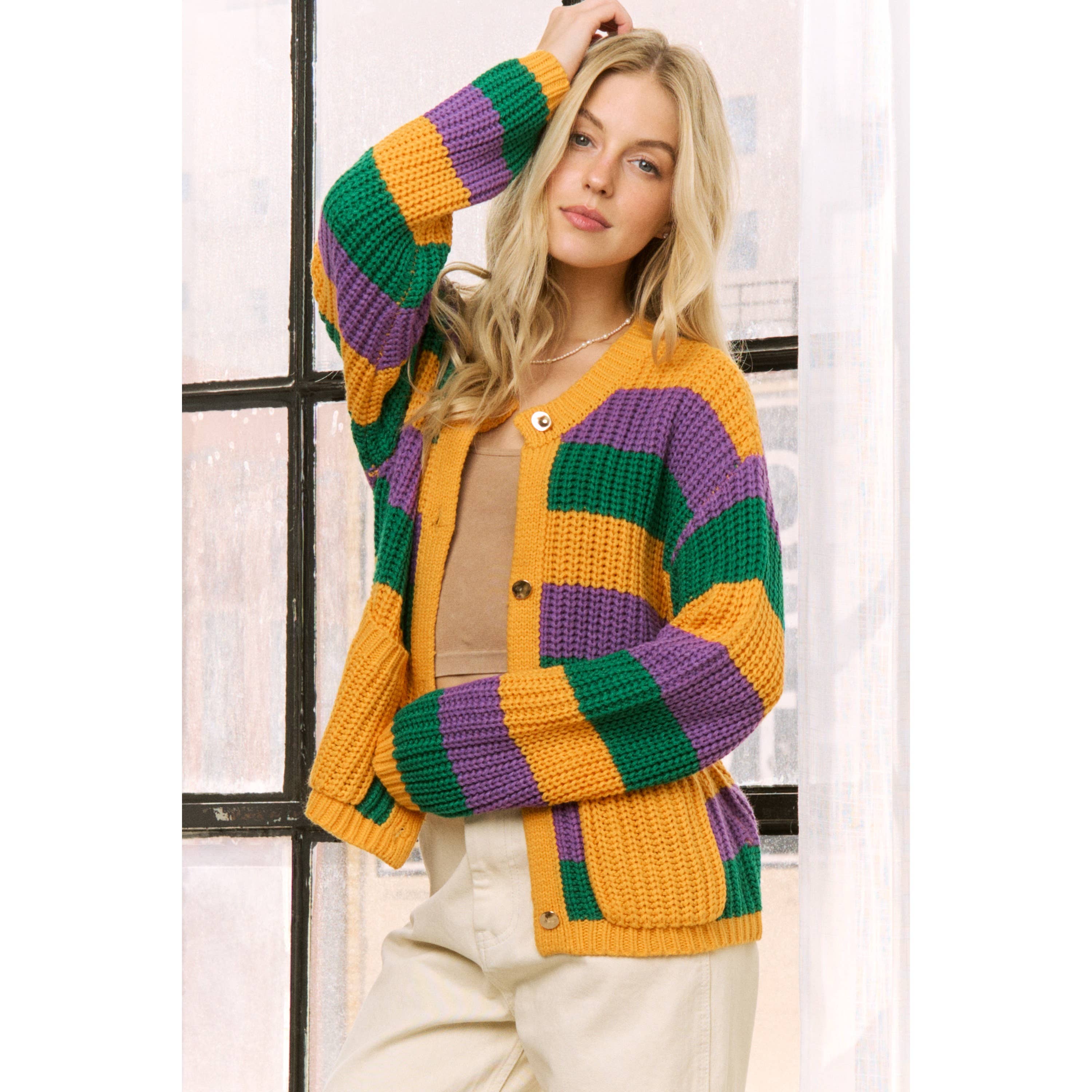 Krewe of Chaos- MARDI GRAS STRIPED CARDIGAN