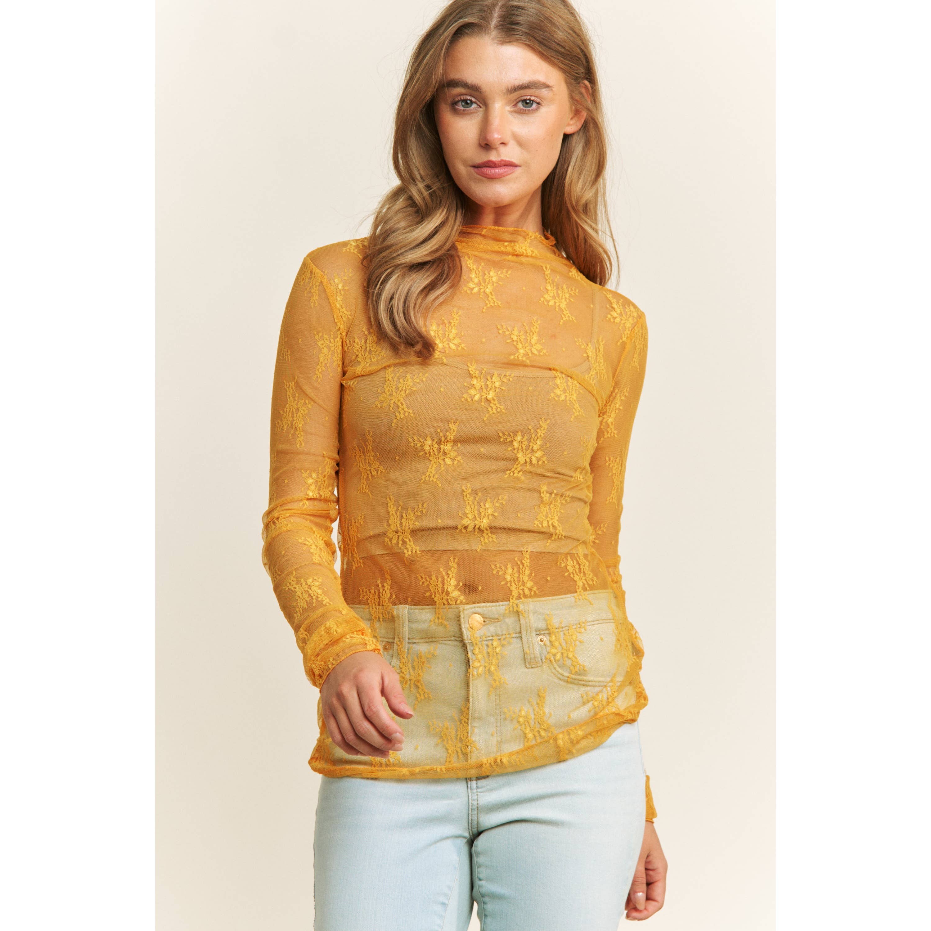 MESH LACE HIGH NECK DESIGN LONG SLEEVE FITTED TOP