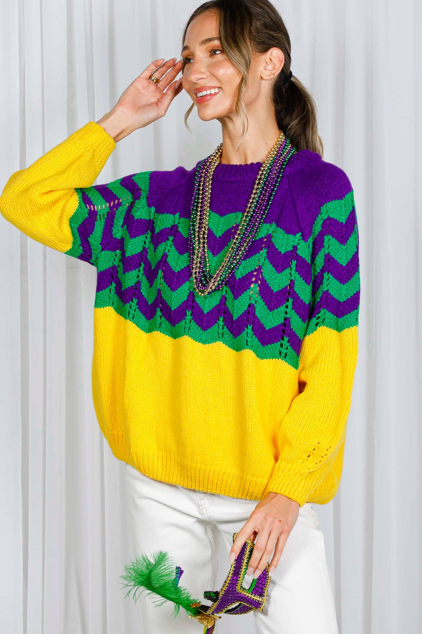 Holiday- Fair Isle Accent Mardi Gras Knitted Sweater