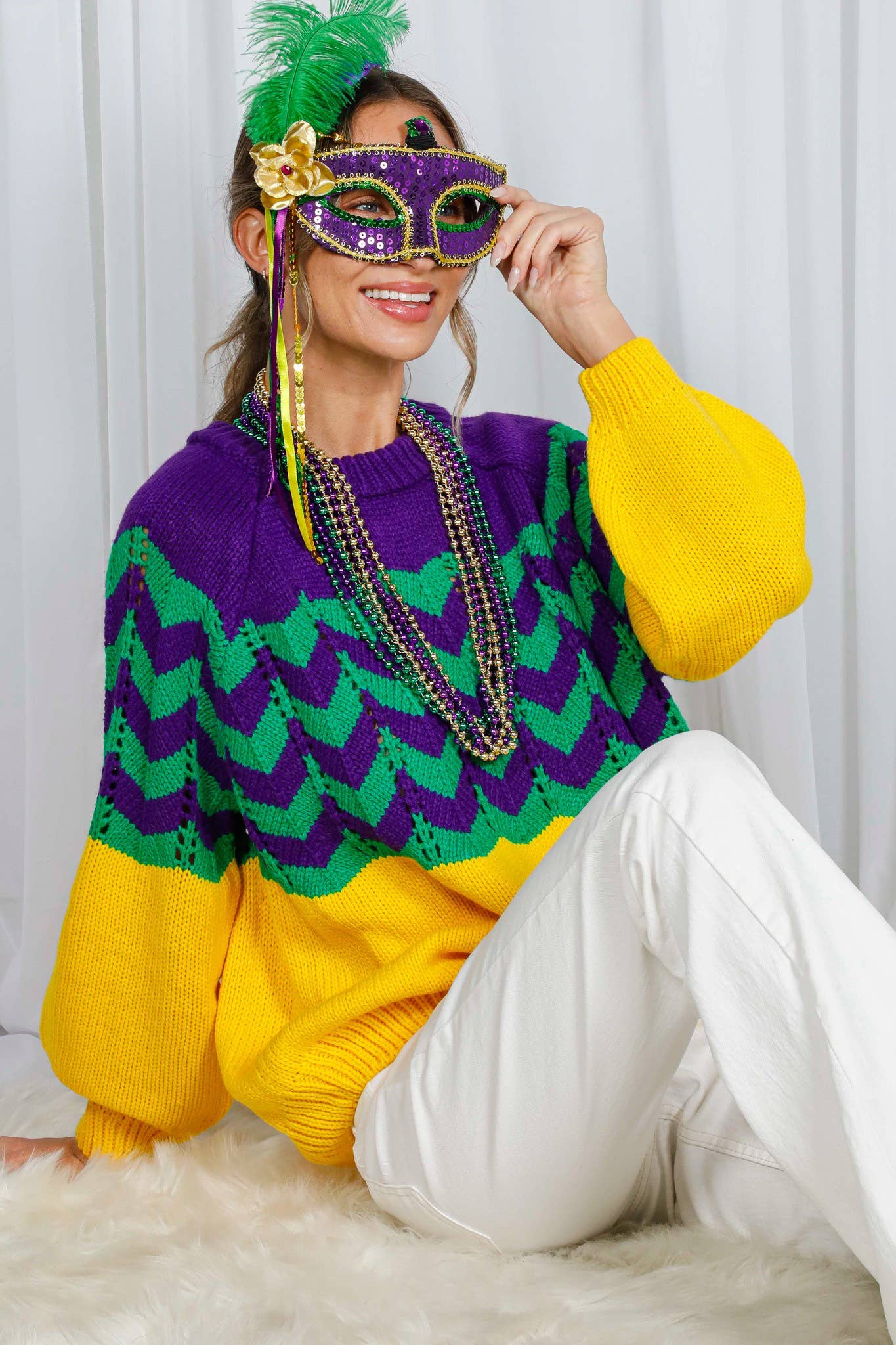 Holiday- Fair Isle Accent Mardi Gras Knitted Sweater