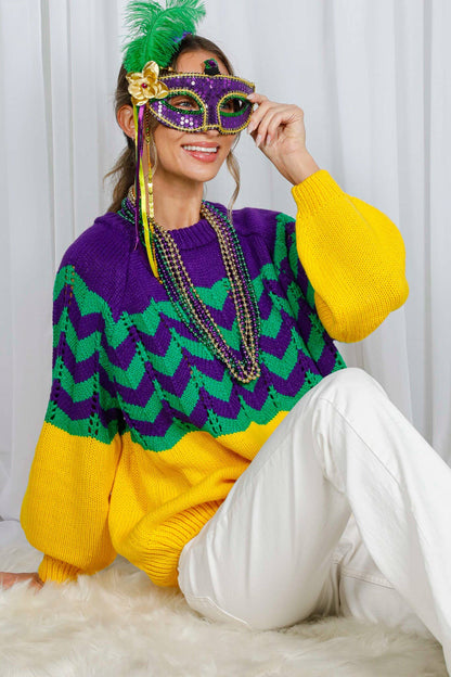 Holiday- Fair Isle Accent Mardi Gras Knitted Sweater