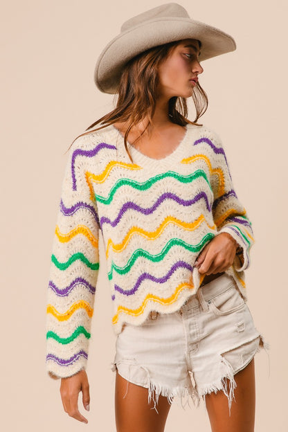 MARDI GRAS WAVY STRIPES V-NECK SWEATER