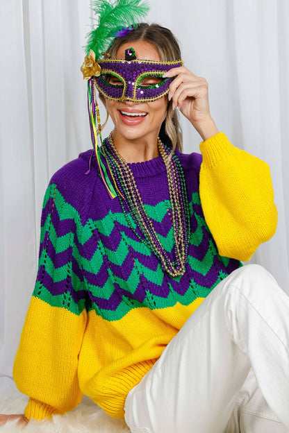 Holiday- Fair Isle Accent Mardi Gras Knitted Sweater
