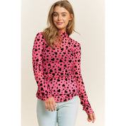 MESH HEART FLOCKING HIGH NECK DESIGN LONG SLEEVE FITTED TOP