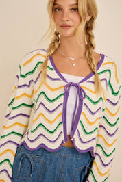 IRIS- Mardi Gras Wave Stripe Tie Cardigan – Festive Knit