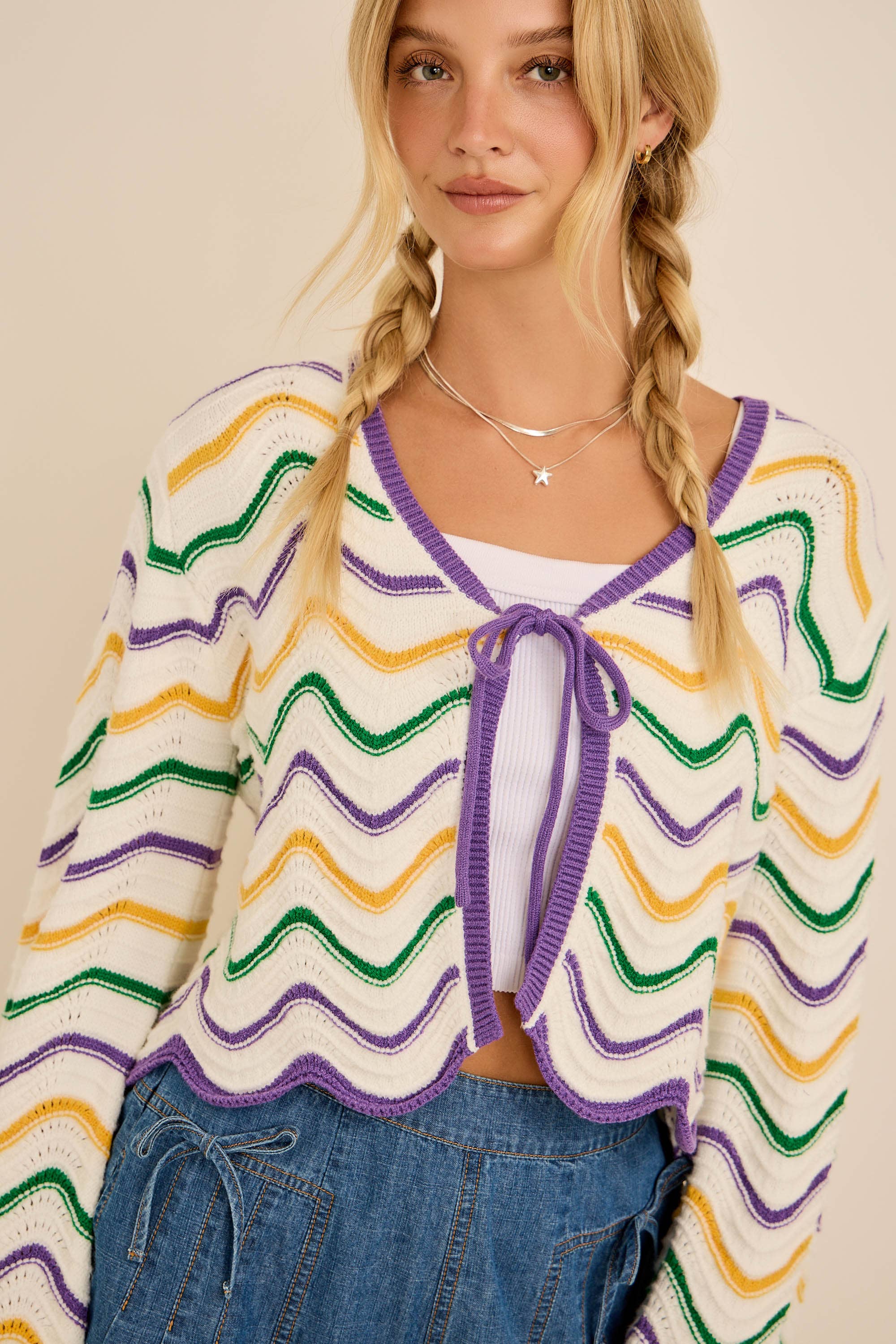 IRIS- Mardi Gras Wave Stripe Tie Cardigan – Festive Knit