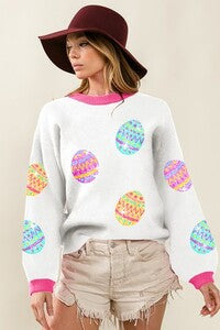 Easter Egg Patches Sweater Pullover- Ivory/Pink