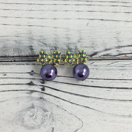 Mardi Gras bead bow earrings