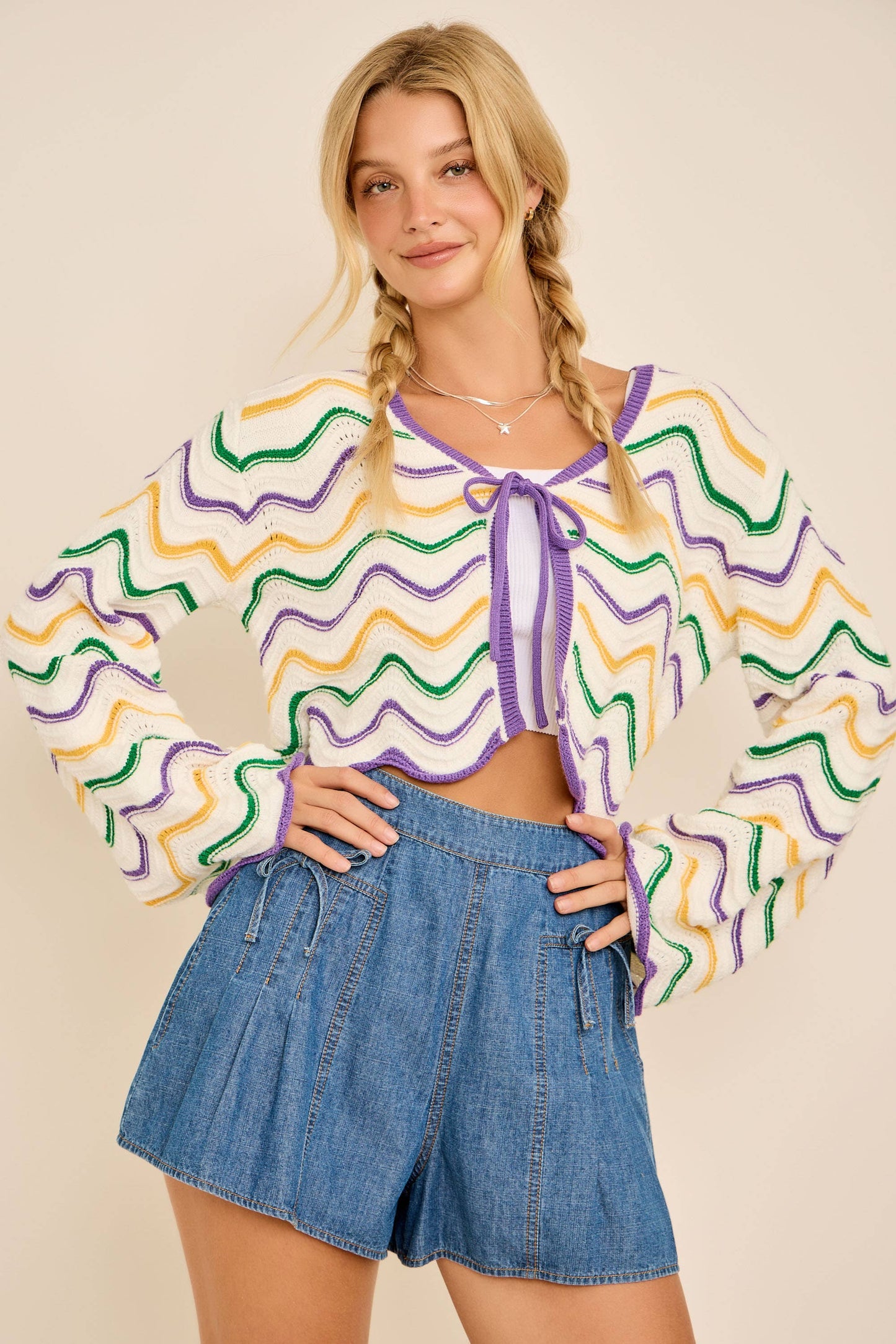 IRIS- Mardi Gras Wave Stripe Tie Cardigan – Festive Knit