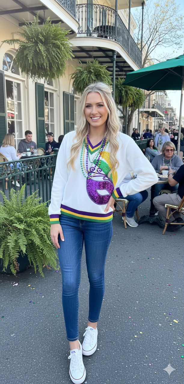 MASQUERADE- Mardi Gras Sequin Embroidered Mask V neck Sweatshirt