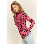 MESH HEART FLOCKING HIGH NECK DESIGN LONG SLEEVE FITTED TOP
