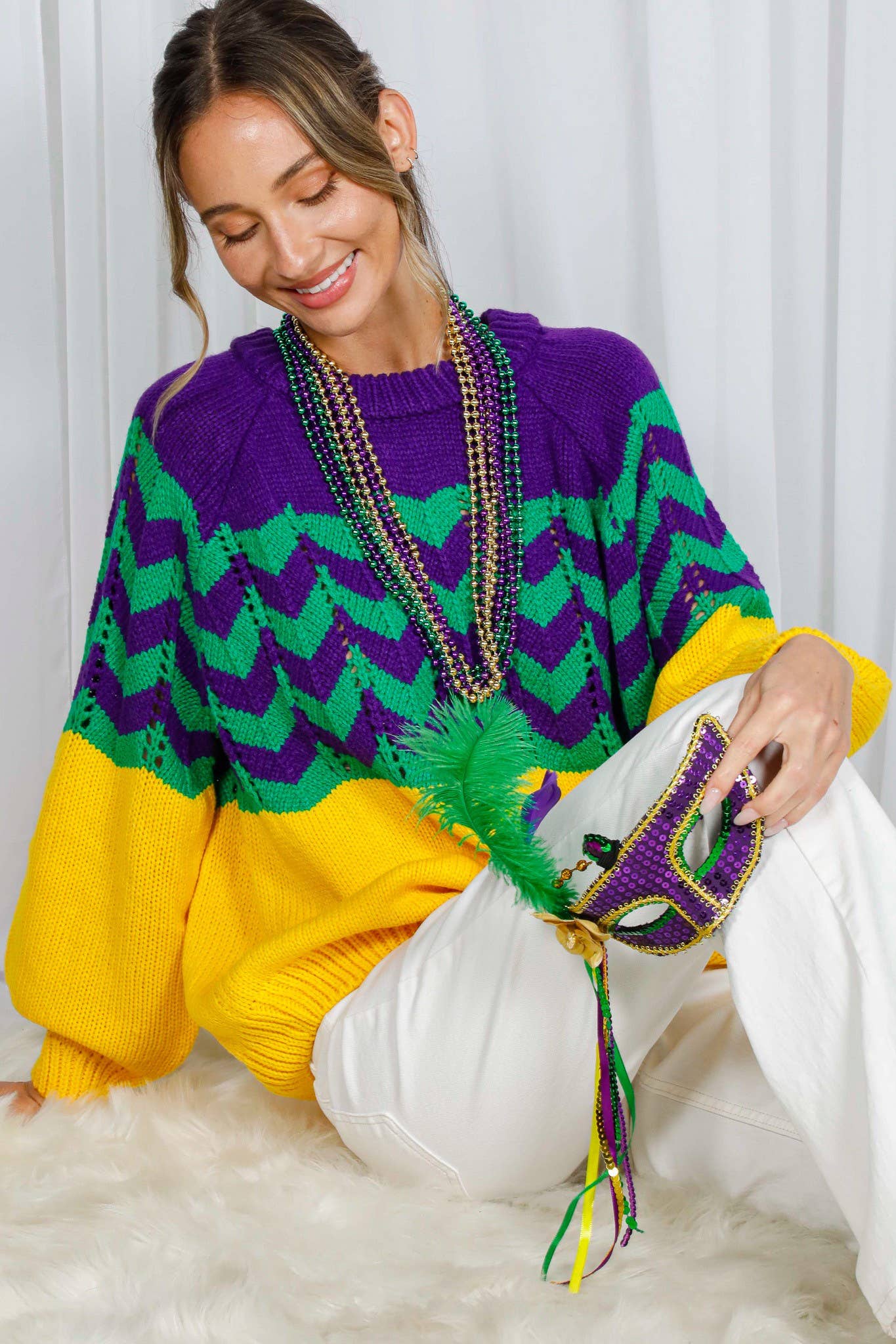 Holiday- Fair Isle Accent Mardi Gras Knitted Sweater
