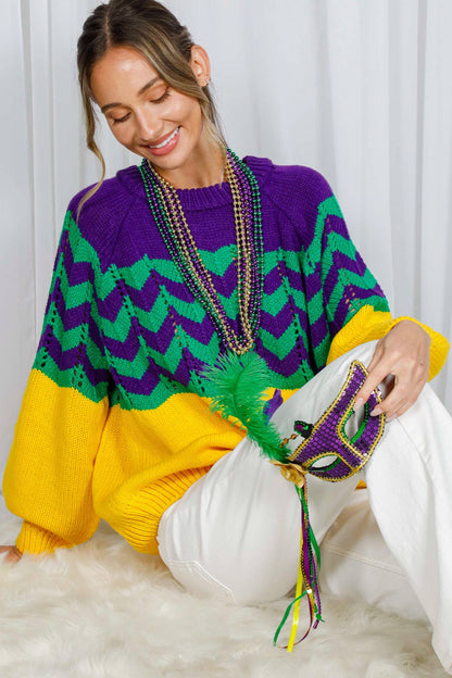 Holiday- Fair Isle Accent Mardi Gras Knitted Sweater