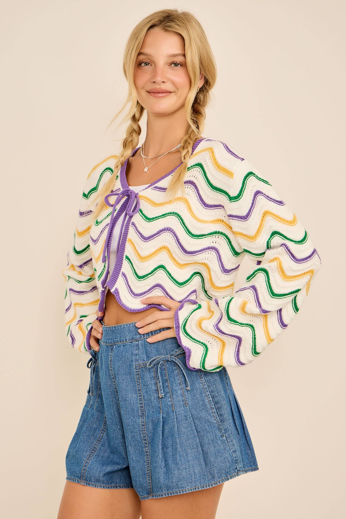 IRIS- Mardi Gras Wave Stripe Tie Cardigan – Festive Knit
